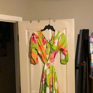 Yellow and Pink XL V-Neck Sleeveless Bishop Sleeve Maxi Sundress